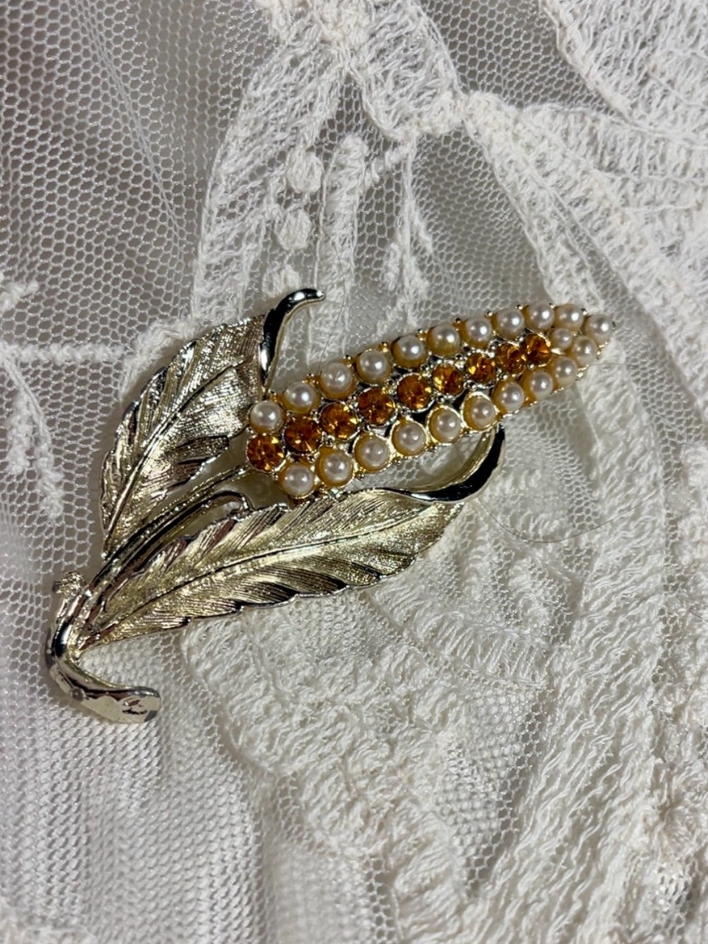 Mid Century Gold Harvest Wheat Brooch Pin, Topaz Crystals & Pearls